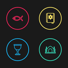 Set line Holy grail or chalice, Hindu spiritual temple, Jewish torah book and Christian fish icon. Vector.