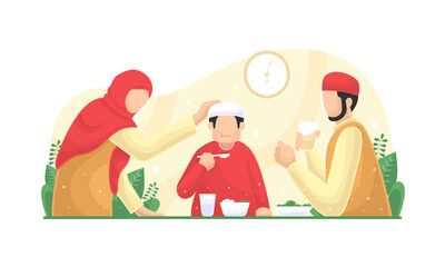 Islamic family fasting in the month of Ramadan, Template design vector illustration