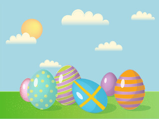 Easter background with decorated eggs lying on green grass. Vector illustration.