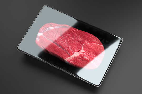 raw meat tray under transparent film envelope isolated - steak package - 3d render