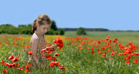 Little girl in a colorful dress on green field