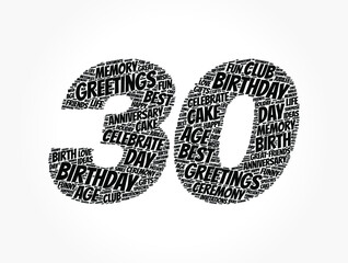 Happy 30th birthday word cloud, holiday concept background