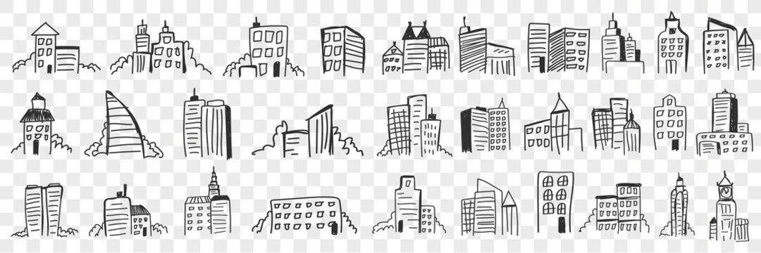 Silhouettes of city skyscrapers doodle set. Collection of hand drawn dark silhouettes of high buildings and landscape of cities and towns urban cityscape isolated on transparent background