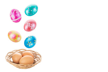Five easter eggs in air trendy colored classic blue, green, orange, purple and golden decorated on white background. Copy Space.