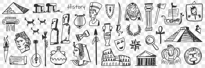 Symbols of history doodle set. Collection of hand drawn ancient sculptures monuments jugs masks theatres buildings wreaths musical instruments torch ships isolated on transparent background