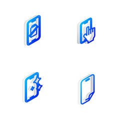 Set Isometric line Phone repair service, Smartphone battery charge, Glass screen protector and icon. Vector.