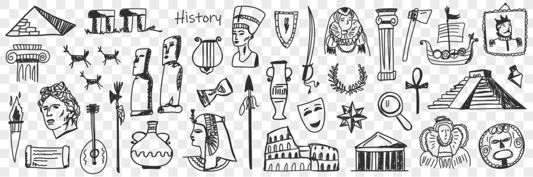 Symbols of history doodle set. Collection of hand drawn ancient sculptures monuments jugs masks theatres buildings wreaths musical instruments torch ships isolated on transparent background