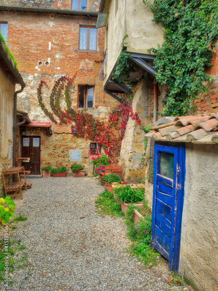 Poster europe, italy, chianti. back street alleyway with bright blue hand painted door and climbing plant o