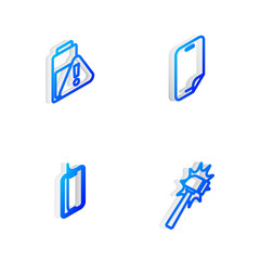Set Isometric line Glass screen protector, Smartphone battery charge, and Hammer icon. Vector.