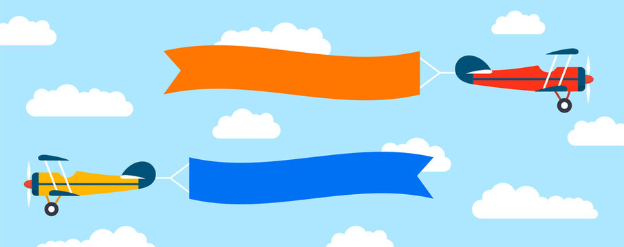 Plane with banner in flat style. Biplane flying with poster. Vector