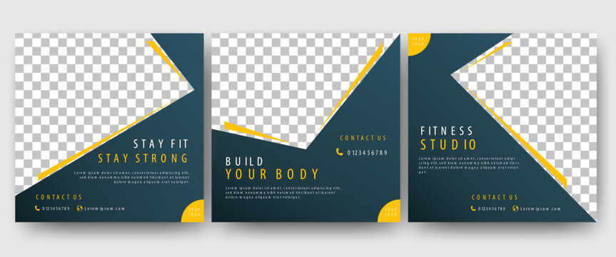 Set of Editable promotion banner template. Gym and workout social media post template. Black background with abstract yellow line. Perfect for social media post, flyers, banners, and web internet ads.
