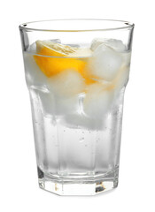 Soda water with lemon slices and ice cubes isolated on white