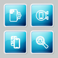 Set line Phone repair service, , Mobile with broken screen and System bug icon. Vector.