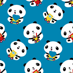 Cute Kawaii vector panda seamless pattern background. Sitting cartoon bears holding backpacks, notebooks, pencil holders pencils on blue backdrop. Fun character repeat for back to school concept