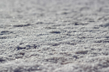 Close-up view of the salt on the Salt Lake in Turkey. Selective focus. Deep field focus.
