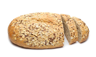 Integral wheat rye bread loaf with seeds and slices (linseed, oats) isolated on white background