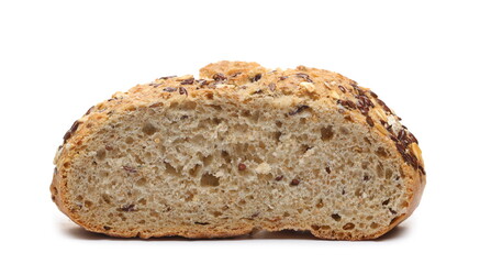 Integral wheat rye bread loaf with seeds (linseed and oats) sliced in half isolated on white background
