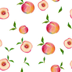 Seamless hand drawn pattern with peaches and leaves made by oil pastel. Isolated on a white background