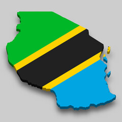 3d isometric Map of Tanzania with national flag.