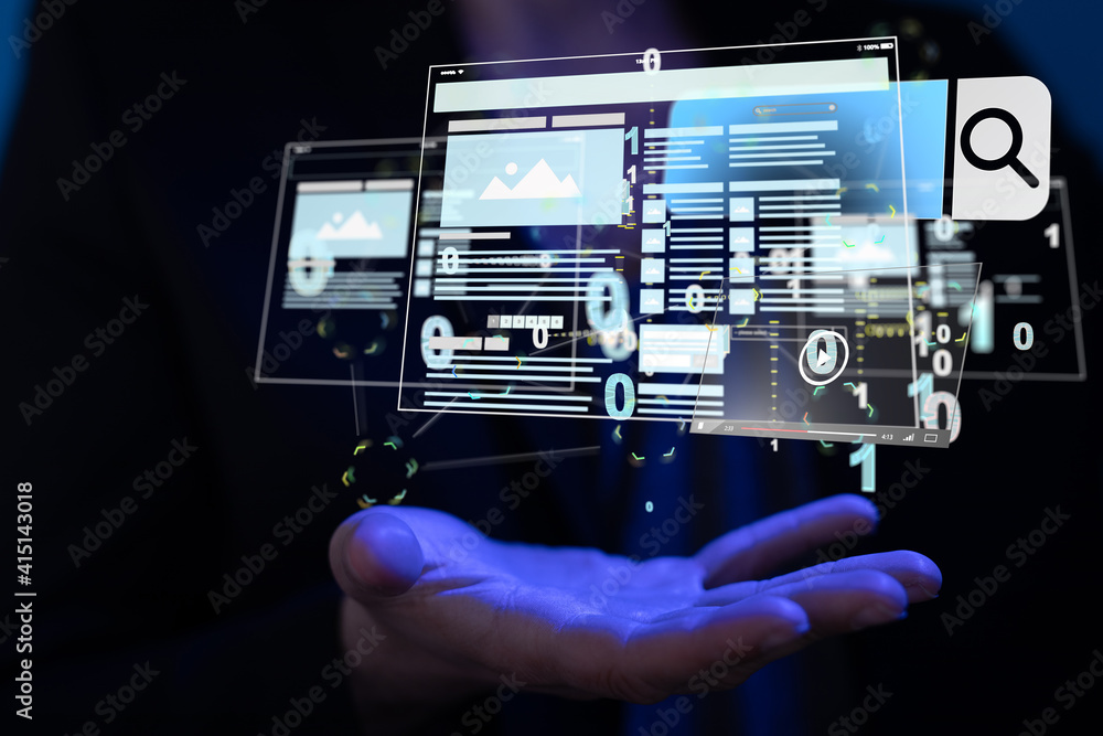 Poster virtual develop interface web application in hand