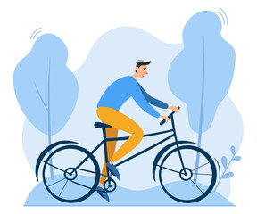 Fototapeta premium Young man riding bicycle outdoors in park. Environment friendly, ecologically clean personal transport. Healthy lifestyle, nature protection. Young male character exercising. Flat vector illustration.