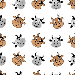 Obraz premium Cute cows and bulls, seamless pattern. Cartoon vector illustration.