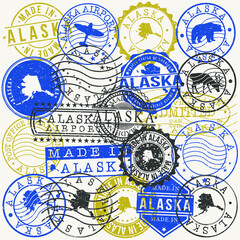 Alaska, USA Set of Stamps. Travel Passport Stamps. Made In Product. Design Seals in Old Style Insignia. Icon Clip Art Vector Collection.