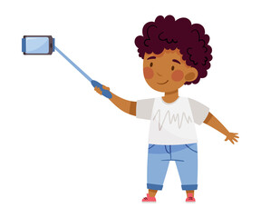 Smiling African American Boy Holding Selfie Stick with Smartphone and Taking Photo Vector Illustration