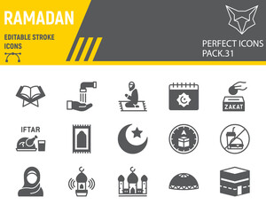 Ramadan glyph icon set, islam collection, vector graphics, logo illustrations, Happy Ramadan vector icons, arabic signs, solid pictograms, editable stroke.