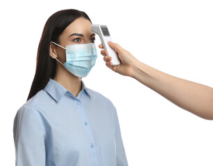 Doctor measuring woman's temperature on white background, closeup. Prevent spreading of Covid-19