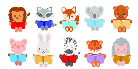  
ten animal kids reading book set on the white background