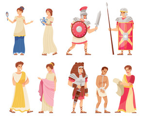 Romans Man and Woman in Traditional Ethnic Clothing with Warrior and Emperor Vector Illustration Set - obrazy, fototapety, plakaty