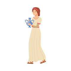 Roman Woman Wearing Long Tunic and Sandals Carrying Greek Ceramic Amphora Vector Illustration