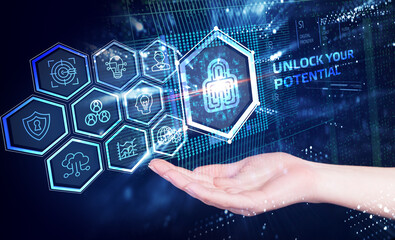 Cyber security data protection business technology privacy concept. Young businessman  select the...