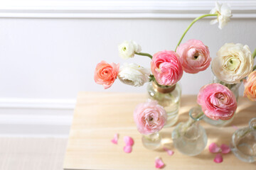Beautiful ranunculus flowers on table near wall, above view. Space for text