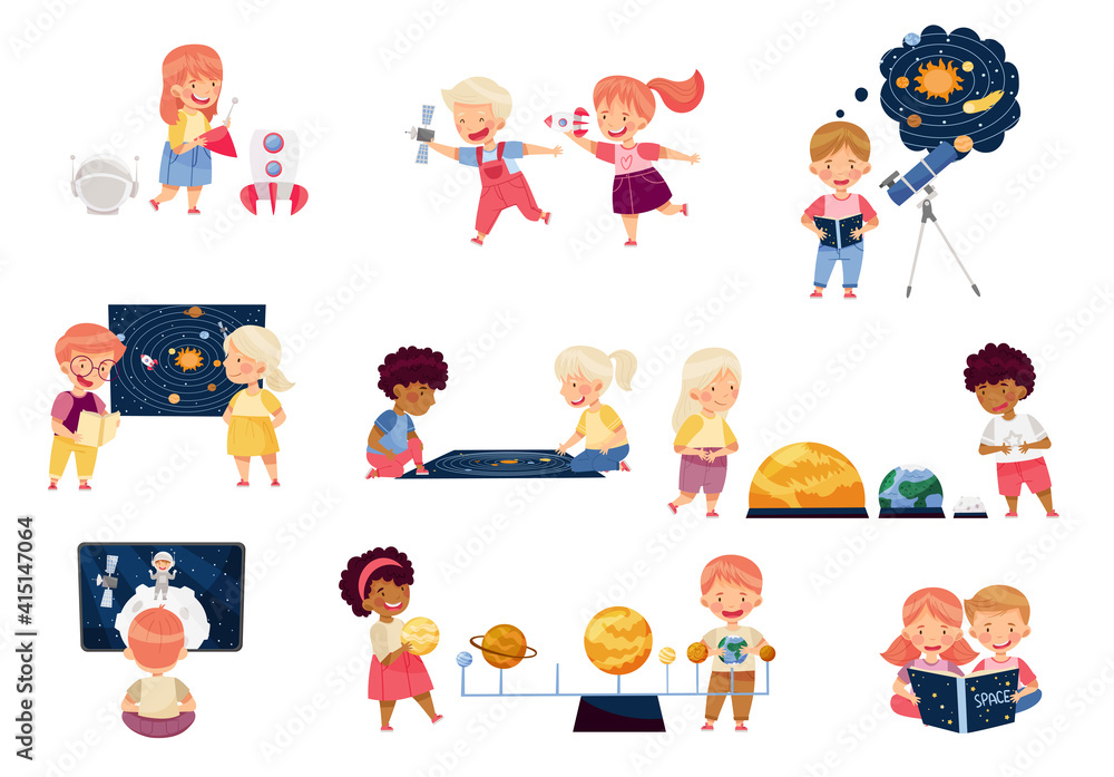 Poster children characters studying space and galaxy examining solar planets and playing with spacecraft ve