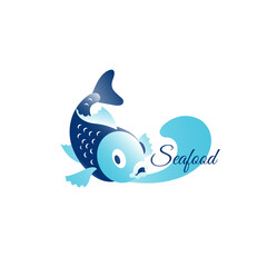Fish logo, on an abstraction background and an inscription on the banner. Emblem for advertising seafood, restaurant, shop. Vector illustration. Flat design..