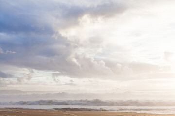 Atlantic ocean coast Portugal Nazare. Coastline, wave and foam. Escape and slow life concept. Cinematic marine wallpaper, nature landscape background. Scenic picture