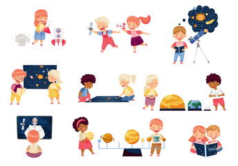 Children Characters Studying Space and Galaxy Examining Solar Planets and Playing with Spacecraft Vector Set