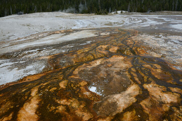 Colorful geothermal features at Old Faithful geothermal area in Yellowstone National Park, Wyoming, USA