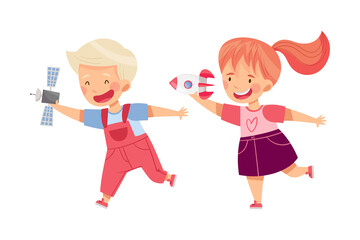 Cute Boy and Girl Playing with Toy Spacecraft Vector Illustration