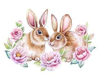 Cute bunnies, rabbit, Easter,  in a floral frame, ring isolated on a white background. Peonies, roses. Easter set, postcard. Peonies, roses. Greeting card design.