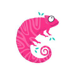 Cute little pink chameleo flat vector illustration. 