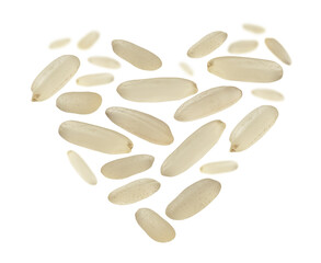 Raw rice in the shape of a heart on a white background