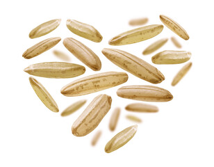Raw rice in the shape of a heart on a white background