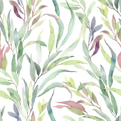 Foliage seamless pattern of colorful branches with leaves, watercolor floral illustration on white background.