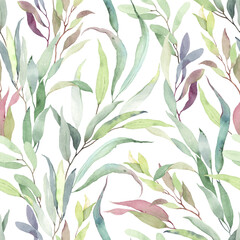Foliage seamless pattern of colorful branches with leaves, watercolor floral illustration on white background. © Nikole