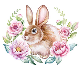 Cute rabbit, Easter bunny in a floral frame, ring isolated on a white background. Peonies, roses. Easter set, postcard. Peonies, roses. Greeting card design.