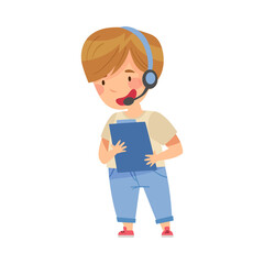 Smiling Boy Wearing Headset Playing Pretending Being Astronaut Vector Illustration