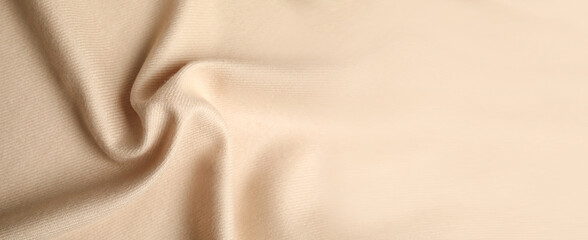 Beige soft cashmere fabric as background, closeup view with space for text. Banner design - obrazy, fototapety, plakaty